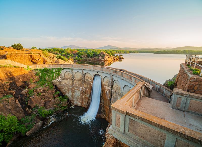 Sunny view of the Quanah Parker Dam of Wichita Mountains Wildlife Refuge